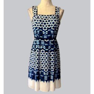 Adrianna Papell A Line Dress 4 Blue Black White Ikat Print Sleeveless Summer NEW
